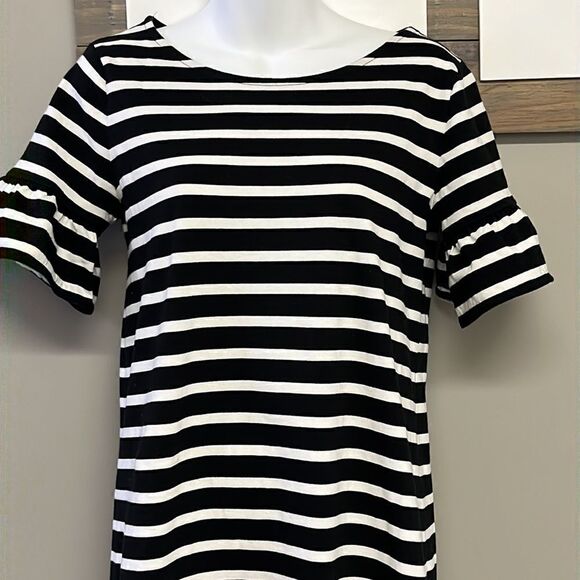 J. Crew Black & White Striped T- Shirt Dress w/ Ruffled Puff Sleeves- Small - Picture 2 of 9